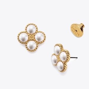 Tory Burch Gold Stud Rope Clover Pearl Earrings